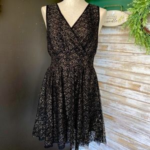 SOLD!! Ultra Pink black and gold lace overlay ruched waist party dress size med